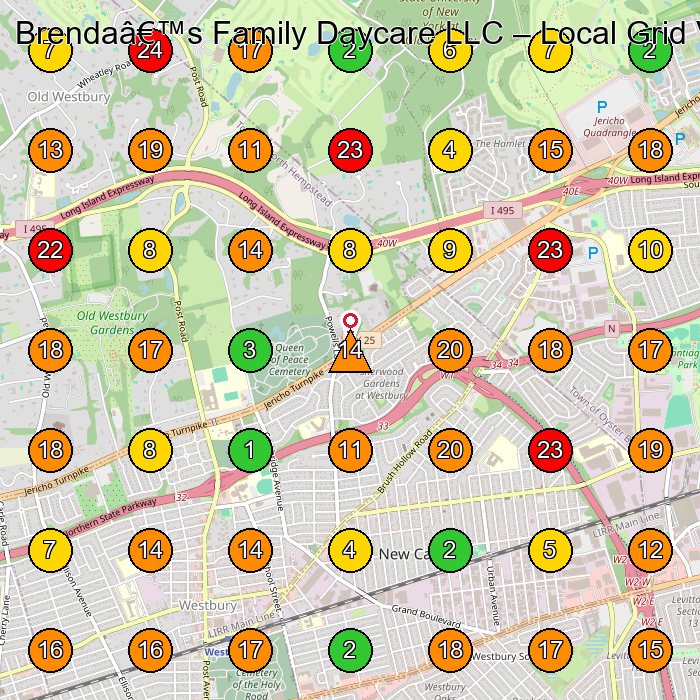 Brenda's Family Daycare LLC Day Care Center GeoGrid ranking map for Westbury NY
